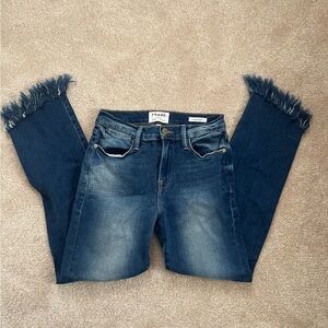 Frame Denim Blue Ankle Cropped Jeans with Frayed Hem
